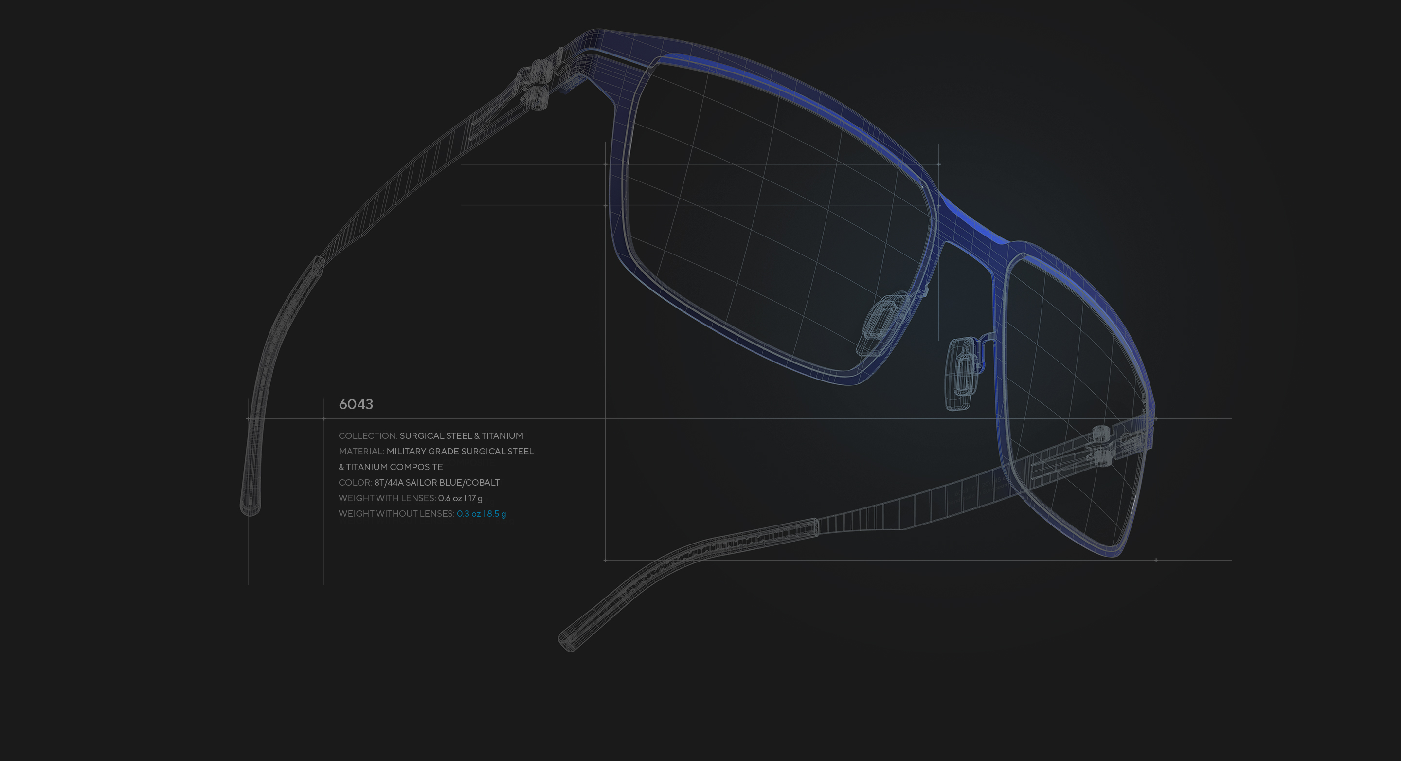 Detailed technical design sketch showing the engineering of OVVO Optics surgical steel and titanium frames.