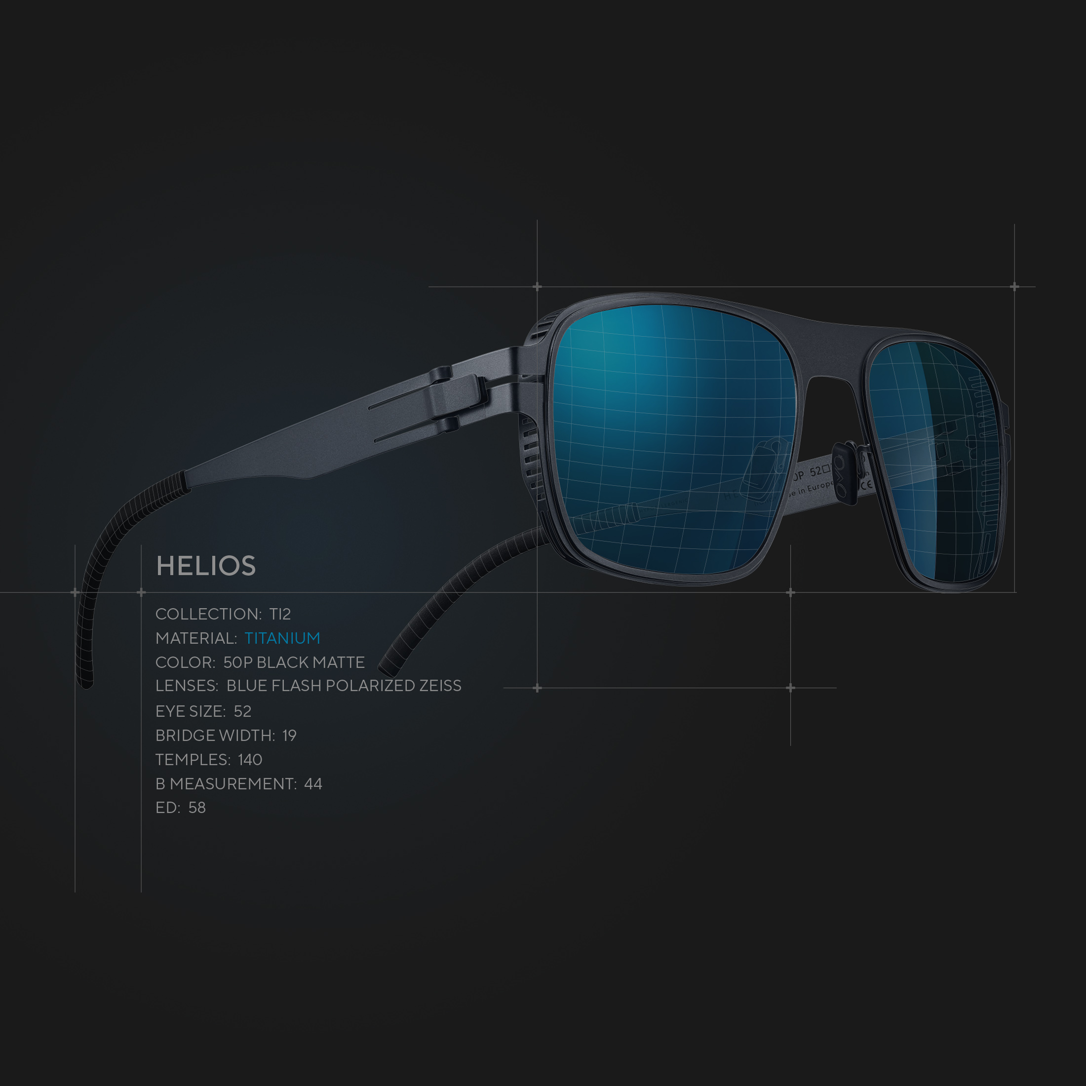 OVVO Optics Ti2 technical render of Helios sunglasses on a dark background