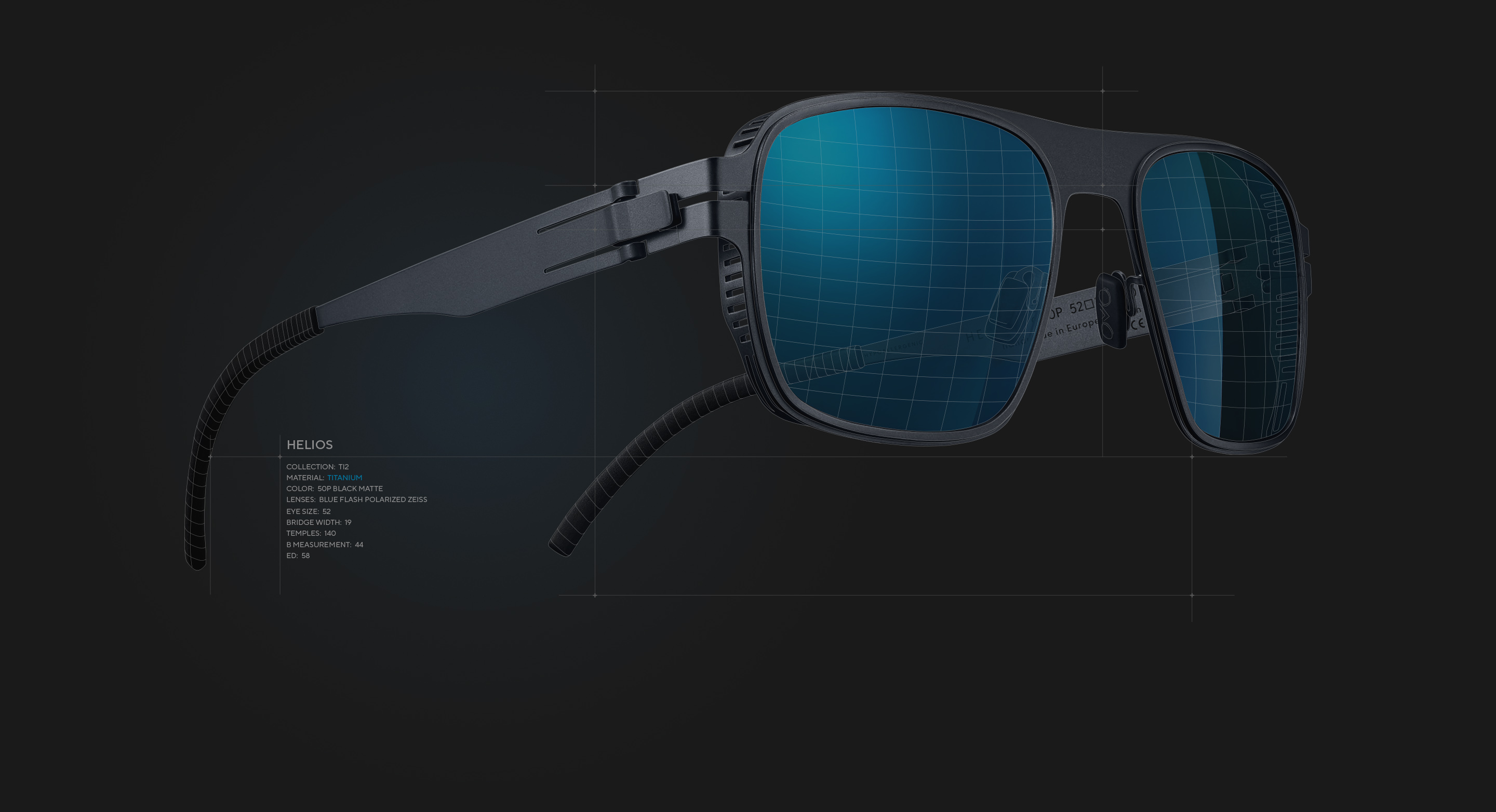 OVVO Optics Ti2 technical render of Helios sunglasses on a dark background