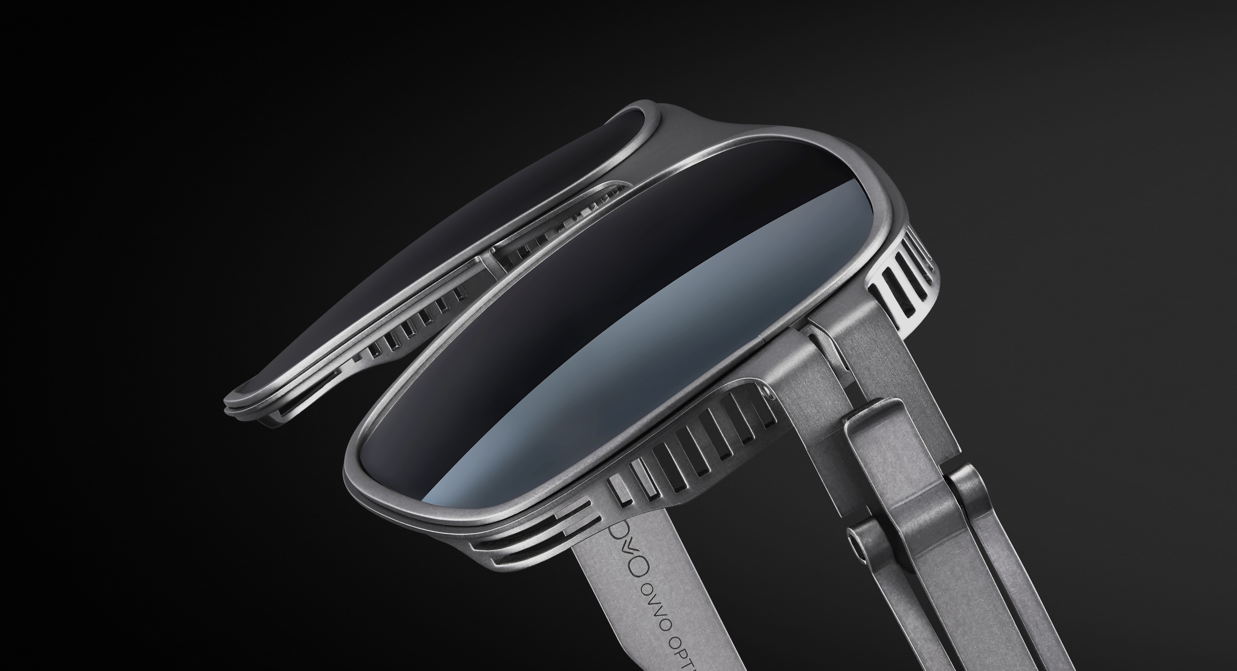 OVVO Optics Ti2 close-up of Helios sunglasses showing the precision-engineered titanium ring detail
