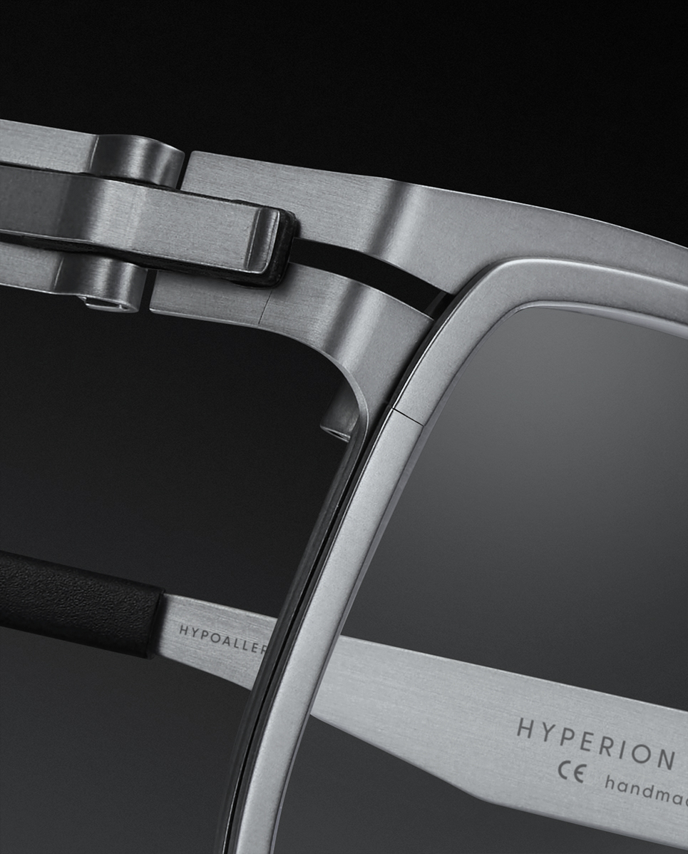 OVVO Optics Ti2 close-up of the Hyperion frame hinge and temple construction