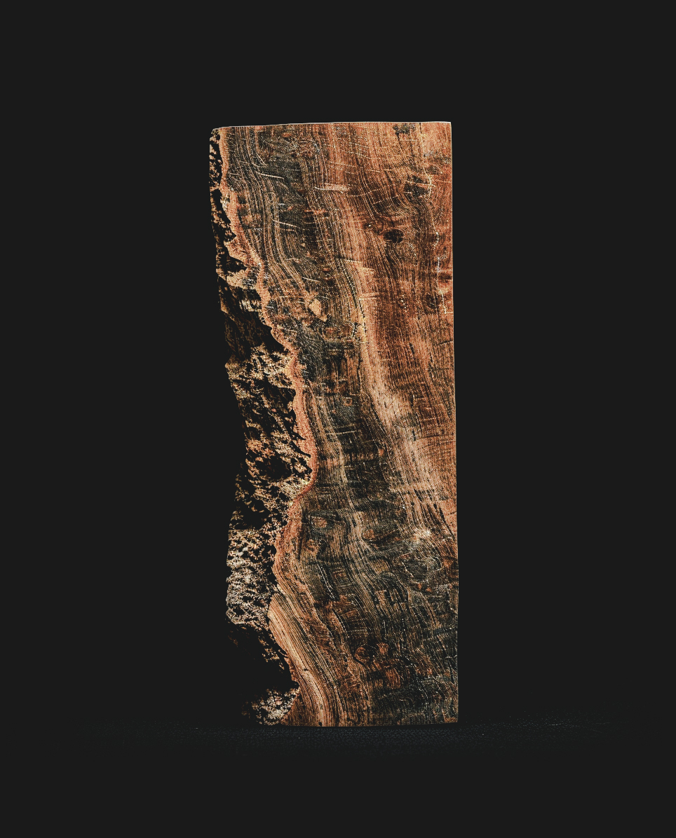 Sustainable exotic wood layers including Central African Zebrawood and Brazilian Ebony.