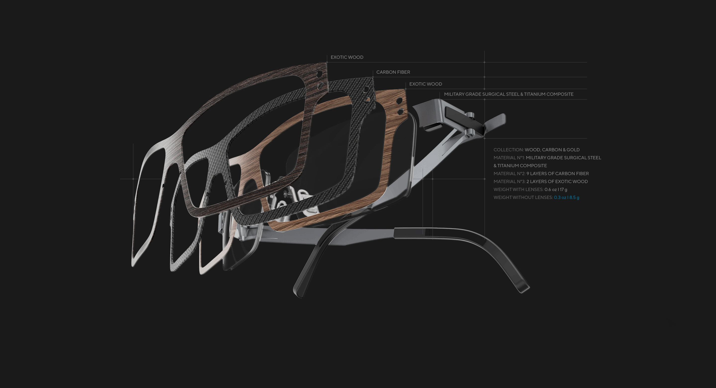 Technical design sketch illustrating the architecture of wood and carbon fiber frames.