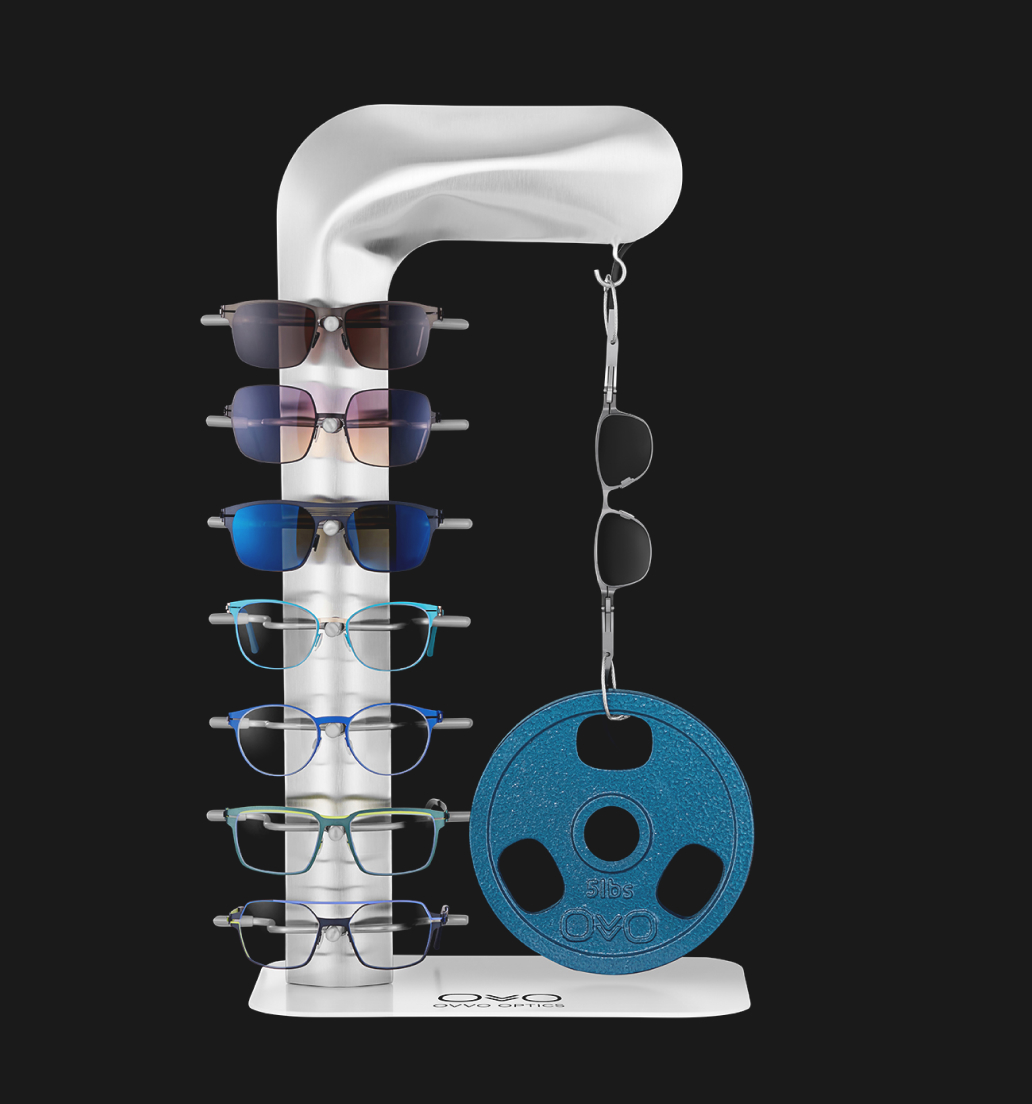 Compact 7-piece mini eyewear display for optical countertops and small retail spaces.