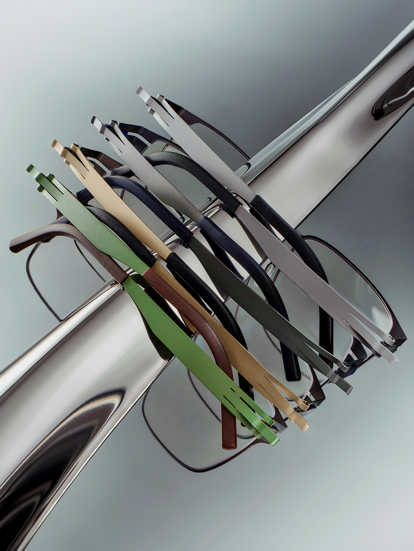 Artistic eyewear display blending gallery-level aesthetics with functional optical store retail solutions.