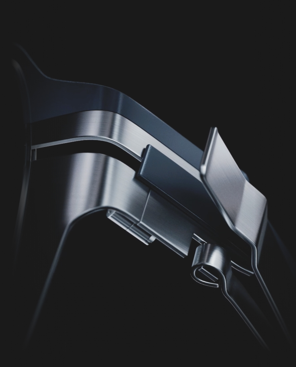 Technical detail of the OVVO Optics patented screwless hinge, engineered for extreme durability and flexibility without screws.